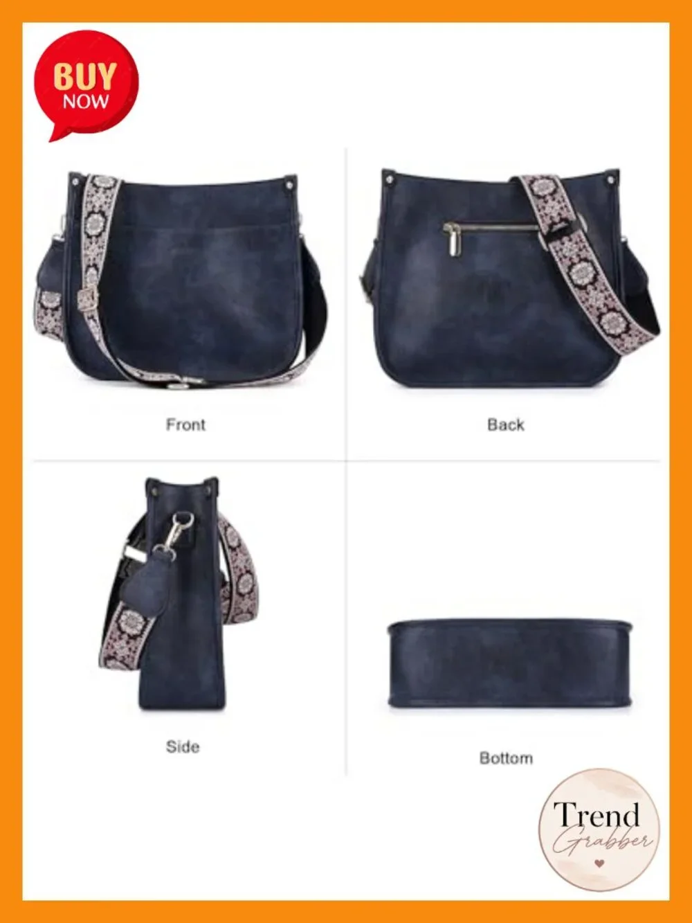 Vegan Leather Hobo Crossbody Bag with 2 Adjustable Straps